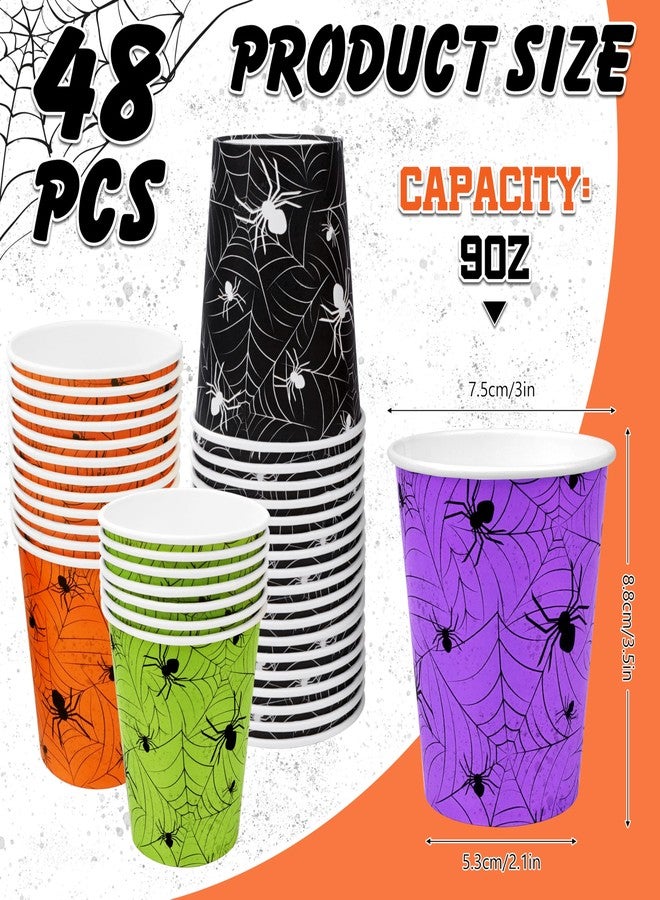 TREWAVE 48Pcs Halloween Paper Cups - 9oz Disposable Party Cups for Hot/Cold Drinks, Snacks - Spider Web Pattern Design in Orange, Purple, Black, Green - Festival Party Supplies - Image 2